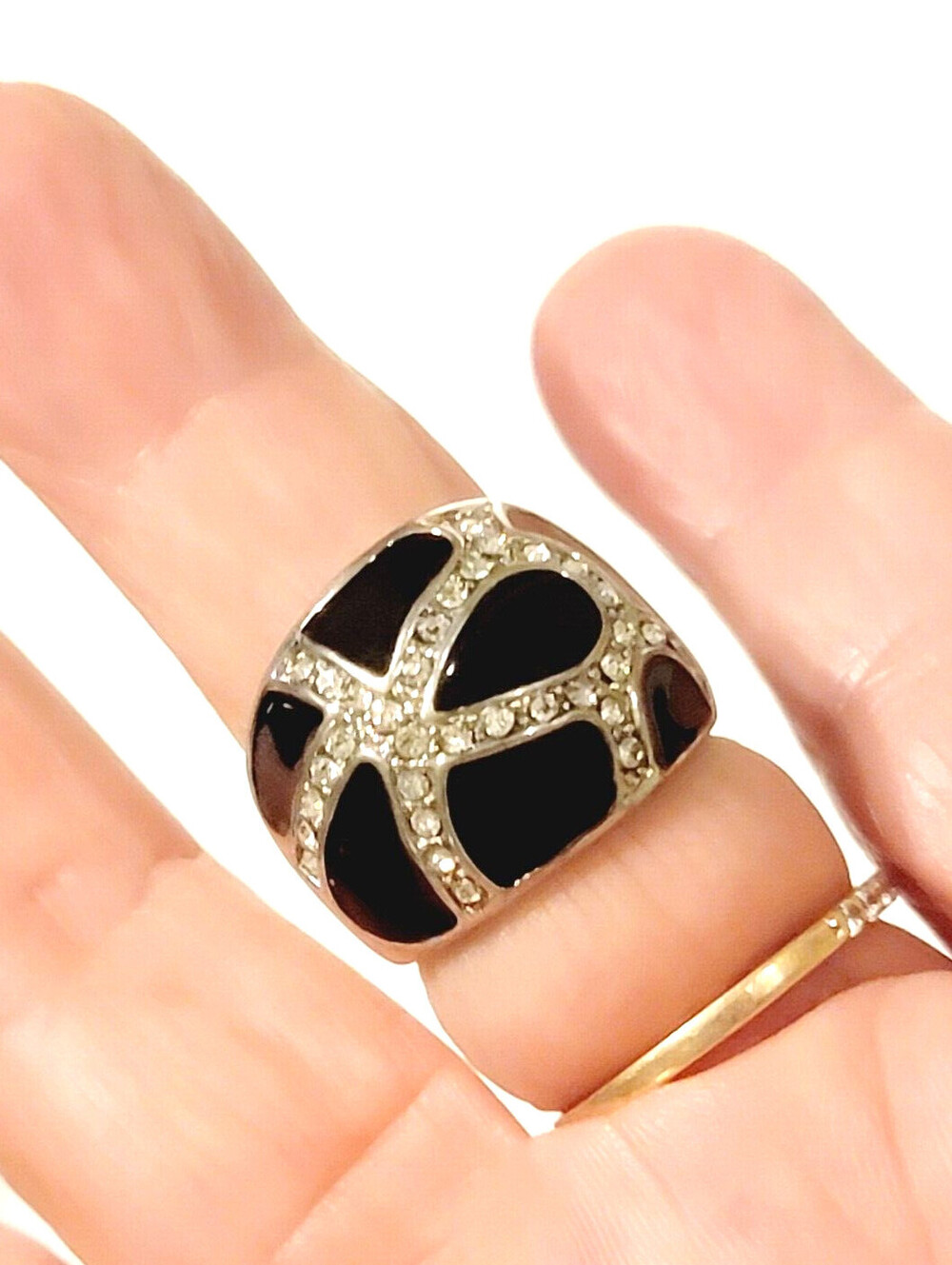 Modernist Black Enamel Rhinestone‎ Ring Size 6.5 Contemporary Jewelry r-38